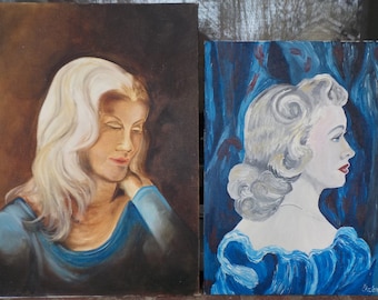 Vintage Woman w/ Platinum Gray Hair & Pretty Lady in BLUE , Set of 2 AMATEUR Oil PORTRAITS