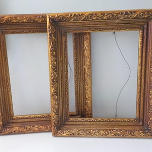 May include: Two rectangular picture frames featuring an ornate, raised relief pattern with a gold and dark brown finish. Each frame has a hollow center and a thin black wire attached to the back for hanging purposes on a wall.