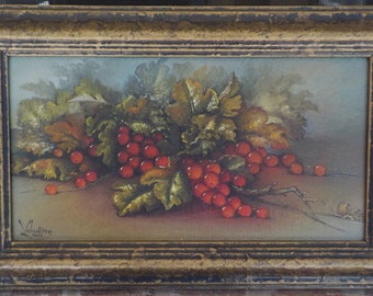 Red HOLLY BERRIES Foliage Still Life, Small Original, Vintage Oil PAINTING,  Framed c2004