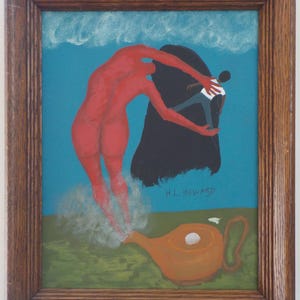 Outsider Art , &#39; WEIRD T-Kettle&#39; , Woman Capturing Man, Original PAINTING, Vintage Oak Frame , 13 1/2 x 16 1/2 in.