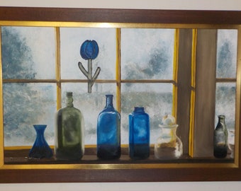 Vintage Blue GLASS BOTTLES in WINDOW , Nice View , Large Oil Painting Framed ,c1960-70s, 19 3/8 x 30 3/8 in.