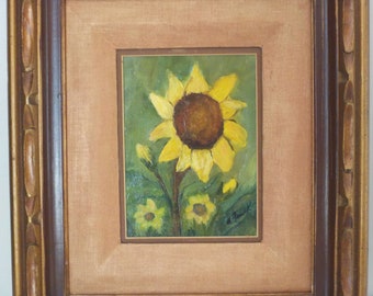 Vintage Midcentury SUNFLOWER Flowers Oil Painting MEXICAN Carved Frame c1970s
