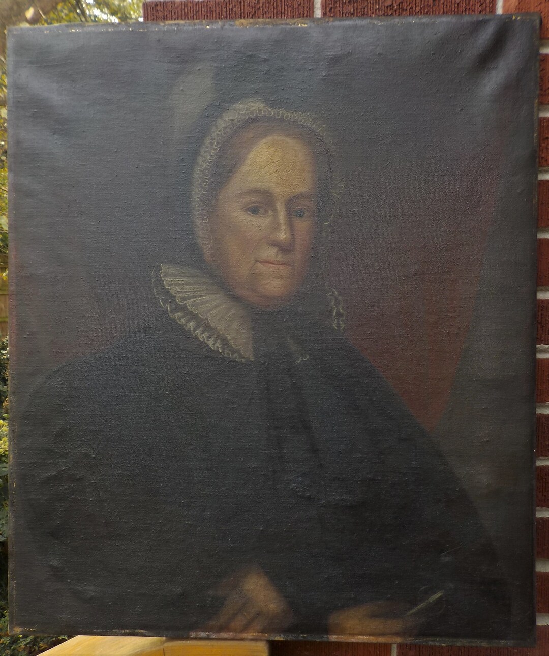 Antique WOMAN in BONNET Ruffled Collar Large Oil PORTRAIT Dark Painting ...