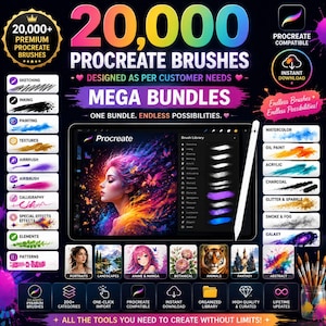 Könnte beinhalten: Eine digitale Grafikwerbung für 20.000 Procreate-Pinsel mit einem Tablet, das farbenfrohe Kunstwerke anzeigt, einem Eingabestift und verschiedenen Pinselkategorie-Symbolen wie Skizzieren, Tuschen, Malen, Texturen, Airbrush, Kalligrafie und Spezialeffekten.