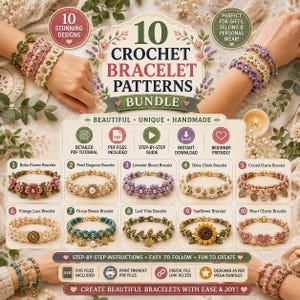 May include: A digital bundle of 10 crochet bracelet patterns featuring text that reads 10 CROCHET BRACELET PATTERNS BUNDLE. The image displays ten distinct bracelet designs including flower, pearl, leaf, and heart motifs in various colors.
