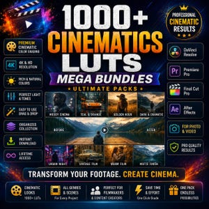 May include: A digital product advertisement for 1000+ Cinematics LUTs Mega Bundles. The graphic features bold text, icons for software like DaVinci Resolve and Premiere Pro, and sample before-and-after images showing various colour grading styles.