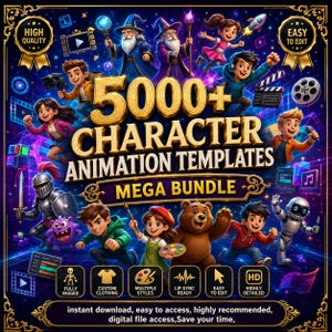 Op de afbeelding: Een digitale afbeelding met de tekst 5000+ CHARACTER ANIMATION TEMPLATES MEGA BUNDLE. De afbeelding toont diverse geanimeerde personages, waaronder tovenaars, een ridder, een beer en een robot, omringd door filmproductiepictogrammen.