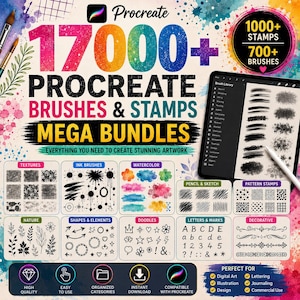 May include: A digital asset bundle for Procreate featuring over 17,000 stamps and 700 brushes. The graphic displays various categories including textures, ink, watercolor, pencil, patterns, nature, shapes, doodles, letters, and decorative elements.