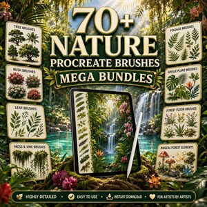 Può includere: Una collezione digitale di oltre 70 pennelli Procreate a tema naturale, che include categorie come alberi, cespugli, foglie, muschio, viti, fogliame, piante della giungla, sottobosco ed elementi forestali magici, visualizzata su un tablet.