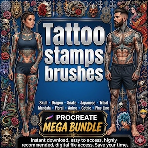 Procreate Tattoo Stempel: Traditionell, Tribal, Floral Mega Bundle (Digitaler Download)