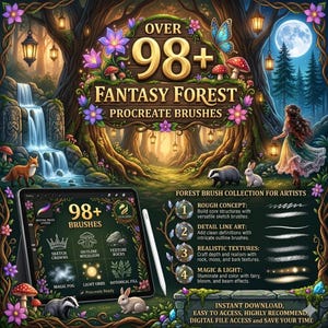 May include: A digital product advertisement for 98+ Fantasy Forest Procreate Brushes featuring a tablet displaying brush categories like sketch crowns, outline mycelium, and magic fog, alongside a forest illustration with a waterfall and animals.