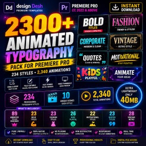 May include: A digital template pack for Adobe Premiere Pro featuring 2300+ animated typography elements. The graphic displays text categories including bold, fashion, vintage, quotes, motivational, and kids styles with 2,340 total animations.