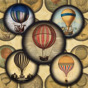 Antique Hot Air Balloons Steampunk Digital Collage Sheet- 1.25&quot; Circles-- Instant Download