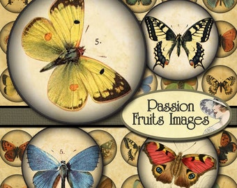 Antique Victorian Butterflies Digital Collage Sheet- 1 1/8 inch circles--Instant Download