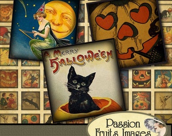 Vintage Halloween Images Scrabble Tiles Digital Collage Sheet--Instant Download