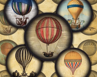 Hot Air Balloons Steam Punk Digital Collage Sheet- 1" circles