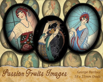 George Barbier Art Deco Women's Fashion Illustrations  18mm x 25mm Cabochon Ovals Digital Collage Sheet--Instant Download