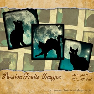 Black Cat on Teal Moonlit Skies .83&quot; x .75&quot; Scrabble Tile Images Halloween Digital Collage Sheet--Instant Download