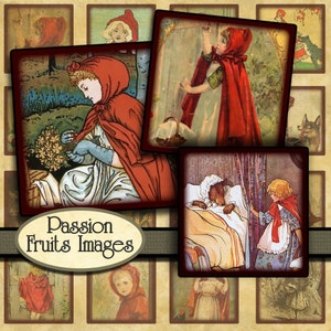 Antique Little Red Riding Hood Illustrations digital collage sheet- 1 inch square inchies-- Instant Download