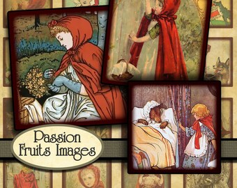 Antique Little Red Riding Hood Illustrations digital collage sheet- 1 inch square inchies-- Instant Download