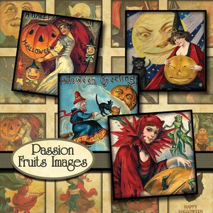 Vintage Halloween  Digital Collage Sheet  1 1/4&quot; x 1 1/4&quot; Squares-- Instant Download