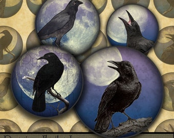 Moonlit Crows digital collage sheet- 1" Circles-- Instant Download