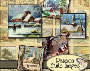 Winter Landscapes Scrabble Tile sampler Digital Collage Sheet-- Instant Download