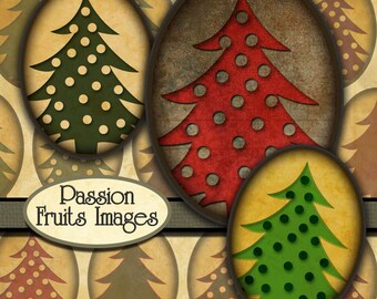 Shabby Chic Christmas Trees digital collage sheet- 30x40ovals-- Instant Download