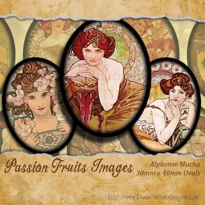 Alphonse Mucha, Art Nouveau digital collage ovali foglio 30 x 40----Instant Download