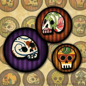 Dzień Skulls Sugar Dead kolaż arkusz - ręcznie rysowane na kolor paski tła - 1" koła--Instant Download