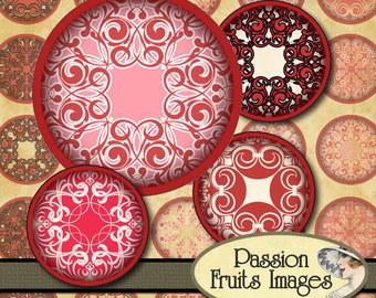 Valentine's Day Bottlecaps Red and Pink Lace Patterns 1" circles Digital Collage Sheet--instant Download