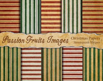 Vintage Striped Parchment- Steampunk Christmas Papers-- Instant Download