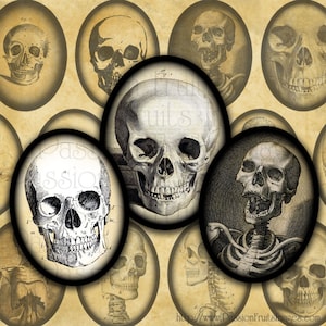 Vintage Skull Images 30mm x 40mm Ovals- Halloween Digital Collage Sheet-- Instant Download