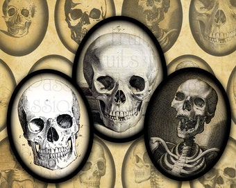 Vintage Skull Images 30mm x 40mm Ovals- Halloween Digital Collage Sheet-- Instant Download