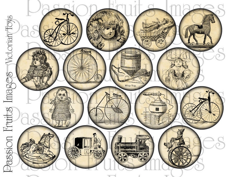 Victorian Childrens Toys Christmas Gifts 2 inch Rounds Digital Collage Sheet Instant Download image 2