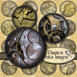 Clockwork Gears 1 inch round bottlecaps circles Steam Punk digital collage sheet-- Instant Download