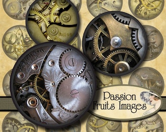 Clockwork Gears 1 inch round bottlecaps circles Steam Punk digital collage sheet-- Instant Download