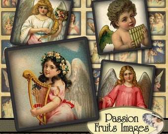 Antique Angels inchies1 inch squares Digital Collage Sheet-- Instant Download