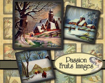 Winter Landscapes 1" Squares--Christmas Digital Collage Sheet--Instant Download
