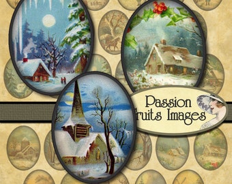 Paysages d’hiver 30 x 40 mm Bottlecaps Collage numérique feuille Noël ovales--Téléchargement instantané