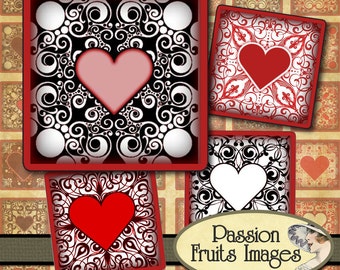 Valentine's Day Inchies Red and Pink Lace Heart Patterns 1" Squares Digital Collage Sheet-- Instant Download