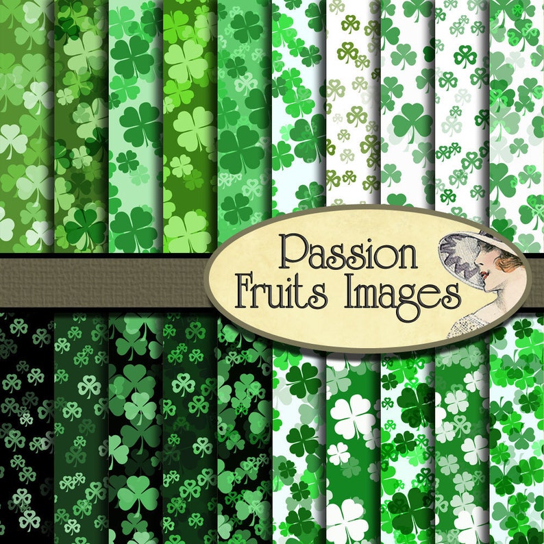 St Patrick's Day Seamless Scattered Green and White Shamrocks 20 Pattern Digital Paper Pack Instant Download image 1