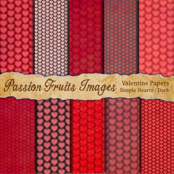 Deep Red and Mauve Hearts- 12 Pattern Digital Paper Pack--Instant Download