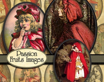 Antique Little Red Riding kaptur ilustracje kolaż arkusz - 30 x 40 owale--Instant Download