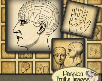 Phrenology 1 "kwadraty cyfrowy kolaż arkusz--Instant Download