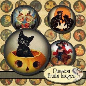 1 inch Cute Vintage Halloween circles Digital Collage Sheet--Instant Download