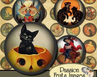 1 inch Cute Vintage Halloween circles Digital Collage Sheet--Instant Download