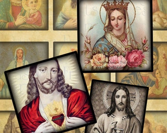 Vintage Holy Images 1 inch squares Digital Collage Sheet-- Instant Download