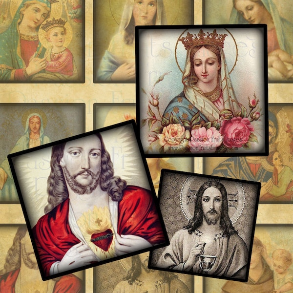 Vintage Holy Images 1 inch squares Digital Collage Sheet-- Instant Download