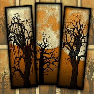 Dead Trees and Full Moons On Sunset Orange Skies-- Halloween Digital Collage Sheet 1x3 Slides-- Instant Download